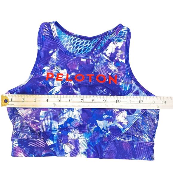 Peloton Womens High Neck Sports Bra Top Blue Purple Print Keyhole Back Size S - Picture 7 of 13